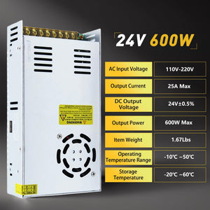 AC to DC Converter 110V to 24V 25A 600W Power Converter, AC 110V 220V to DC 24V Universal Switching Regulated Power Supply SMPS Transformer AC to DC Adapter for LED,CCTV,RV (DC24V-25A-600W)