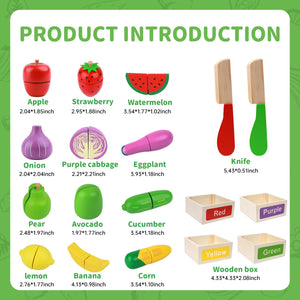MerryPony 30 Pcs Wooden Play Food Sets for Kids Kitchen Accessories, Velcro Fruit and Veggies for Toddlers, Velcro Fruit Cutting Toys for Kids, Color Sorting Play Food Set, Play Food for Toddlers 1-3
