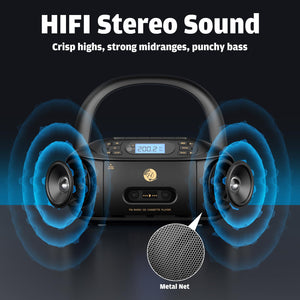 CD Cassette Player Combo, Hernpark Rechargeable Boombox with Bluetooth 5.1, Tape Recording, FM Radio, Super Bass, Stereo Sound, Aux/USB Drive, Headphones Jack, Boom Box for Indoor Outdoor
