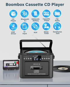 Greadio Boombox CD and Cassette Player Combo, 5000mAh Rechargable CD Player Boombox with Bluetooth Receive/Transmit/FM Radio/USB/TF/AUX/Remote Control, Boom Box Cassette Player for Home Outdoor