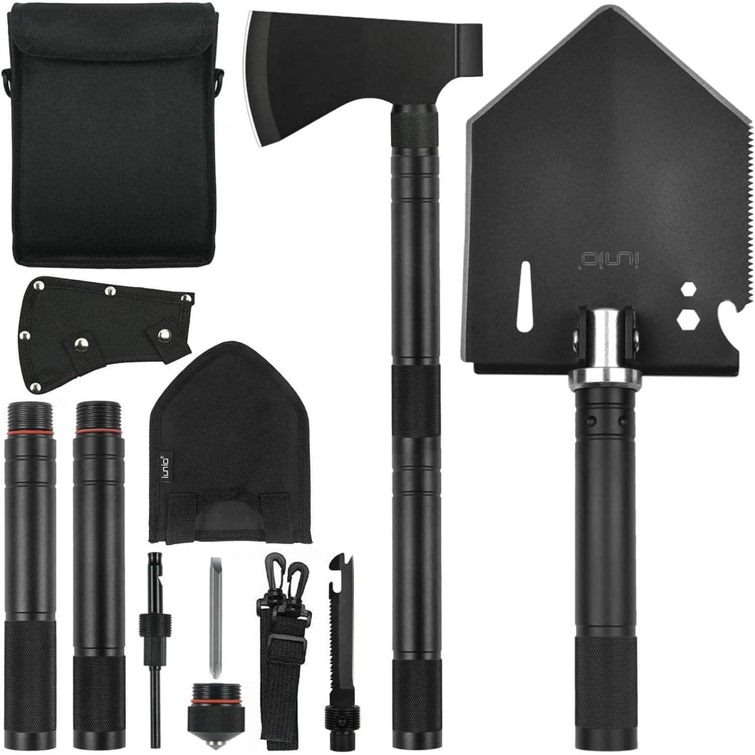 iunio Survival Shovel Multitool with Axe, Camping Shovel Hatchet, Tactical Shovel, Folding with Carrying Bag for Camping, Hiking, Backpacking, Entrenching, Car Emergency