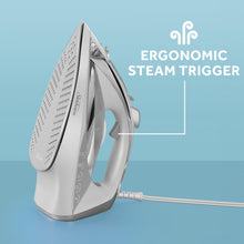 Load image into Gallery viewer, Sunbeam Turbo Steam Iron, 1700 Watt, Nonstick Ceramic Soleplate, Horizontal or Vertical Shot of Steam, Quick Heating, 3-Way Auto-Off, White and Chrome,9.3&quot;L x 3.7&quot;W