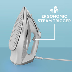 Sunbeam Turbo Steam Iron, 1700 Watt, Nonstick Ceramic Soleplate, Horizontal or Vertical Shot of Steam, Quick Heating, 3-Way Auto-Off, White and Chrome,9.3"L x 3.7"W