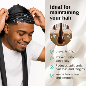 YFONG 100% 22 Momme Mulberry Silk Durags for Men Women, Extra Long Strap Silky Durag, Breathable and Soft Do Rag for 360 Waves, Perfect for Nourishing Your Hair and Fashionable Outfits, 1Pc, Black