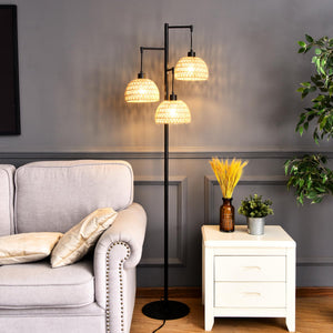QIYIZM Floor Lamp for Living Room,Bedroom,3-Lights Boho Rattan Floor Lamps,Tree Farmhouse Industrial Black Standing Lamp Wicker Rustic Tall Lamp,Woven Bamboo LampShade Floor Light Bohemian