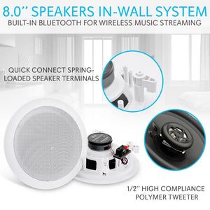 Pyle Pair 8" Bluetooth Flush Mount In-wall In-ceiling 2-Way Universal Home Speaker System Spring Loaded Quick Connections Polypropylene Cone Polymer Tweeter Stereo Sound 250 Watts (PDICBT852RD)