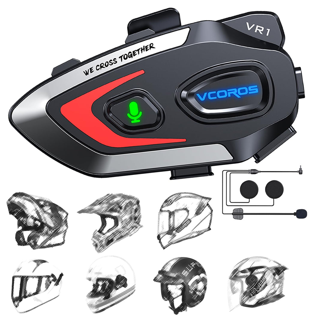 VCOROS Motorcycle Helmet Headset, VR1 Motorcycle Helmet Speakers with Automatic Answer/IPX6 Waterproof/AI Voice/CVC and DSP Dual Noise System (Hard Microphone)