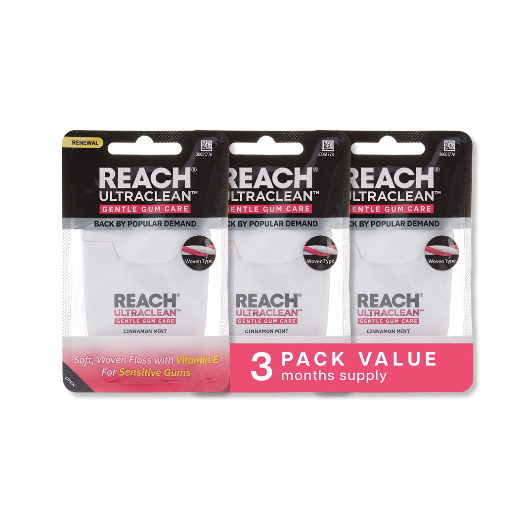 REACH ULTRACLEAN Gentle Gum Care Expanding Floss – Woven, Non-Waxed, PFAS-Free with Vitamin E, for Sensitive Gums, Cinnamon Mint 55YD (3-Pack)