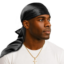 Load image into Gallery viewer, YFONG 100% 22 Momme Mulberry Silk Durags for Men Women, Extra Long Strap Silky Durag, Breathable and Soft Do Rag for 360 Waves, Perfect for Nourishing Your Hair and Fashionable Outfits, 1Pc, Black