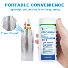Load image into Gallery viewer, PoolTest strips 8-in-1 kit with 100 hot tub strips for above ground pools, spas and salt water minder - Tests pH, chlorine, bromine, alkalinity, hardness, cyanuric acid, salt