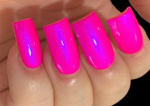 Load image into Gallery viewer, Polish Me Silly Barbee On The Glow - Neon Pink Blue NEON Glow Pop Collection MultiColor Shifting: Mylar Oil Slick Indie Nail Polish