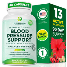 Load image into Gallery viewer, PurePremium Blood Pressure Supplements with Hawthorn Berry, Hibiscus, Garlic &amp; Vitamin B12- Nitric Oxide Supplement for Normal Heart Health, Circulation Health &amp; Blood Pressure Support - 90ct