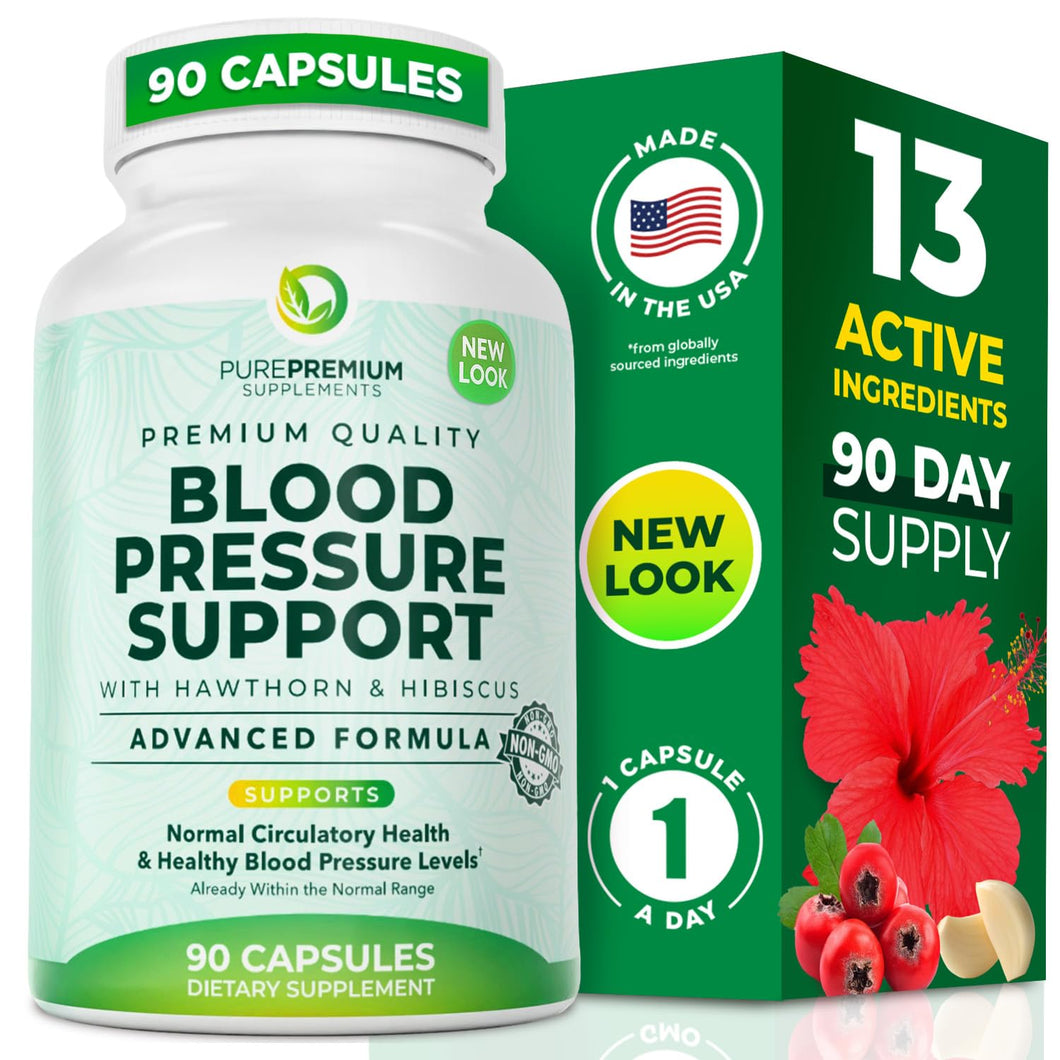 PurePremium Blood Pressure Supplements with Hawthorn Berry, Hibiscus, Garlic & Vitamin B12- Nitric Oxide Supplement for Normal Heart Health, Circulation Health & Blood Pressure Support - 90ct