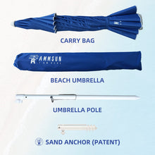 Load image into Gallery viewer, AMMSUN 8 Feet Large Beach Umbrella with Sand Anchor Heavy Duty High Wind Portable Outdoor Umbrellas UPF 50+ Protection Air Vent Tilt Patio Garden Pool Blue