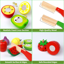 Load image into Gallery viewer, MerryPony 30 Pcs Wooden Play Food Sets for Kids Kitchen Accessories, Velcro Fruit and Veggies for Toddlers, Velcro Fruit Cutting Toys for Kids, Color Sorting Play Food Set, Play Food for Toddlers 1-3