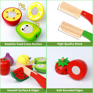 MerryPony 30 Pcs Wooden Play Food Sets for Kids Kitchen Accessories, Velcro Fruit and Veggies for Toddlers, Velcro Fruit Cutting Toys for Kids, Color Sorting Play Food Set, Play Food for Toddlers 1-3
