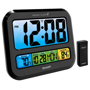 SHARP Atomic Clock with Bright Color Display, Atomic Accuracy, Jumbo 3" Easy to Read Numbers - Indoor/Outdoor Temperature Display with Wireless Outdoor Sensor
