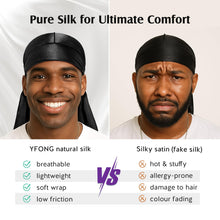 Load image into Gallery viewer, YFONG 100% 22 Momme Mulberry Silk Durags for Men Women, Extra Long Strap Silky Durag, Breathable and Soft Do Rag for 360 Waves, Perfect for Nourishing Your Hair and Fashionable Outfits, 1Pc, Black