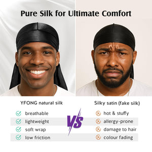 YFONG 100% 22 Momme Mulberry Silk Durags for Men Women, Extra Long Strap Silky Durag, Breathable and Soft Do Rag for 360 Waves, Perfect for Nourishing Your Hair and Fashionable Outfits, 1Pc, Black
