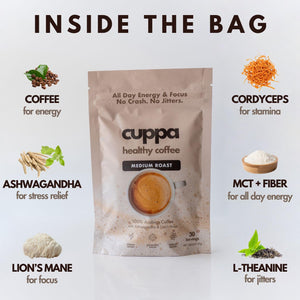 Cuppa Healthy Mushroom Insant Coffee with Lion's Mane & Ashwagandha for All Day Energy & Focus - No Crash or Jitters - Nootropics for Brain Health, Gut Health, Immunity, Stress, Memory + Mood (30 Servings, Medium Roast)