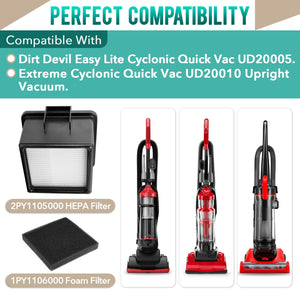 2Pcs F43 HEPA Filter and Foam Filters for Dirt Devil Easy Lite Cyclonic Quick Vac UD20005 and Extreme Cyclonic Quick Vac UD20010 Upright Vacuum, 2PY1105000 1PY1106000 HEPA Filter and Foam Filter