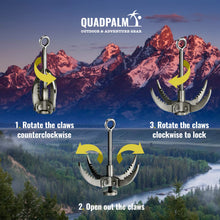 Load image into Gallery viewer, QUADPALM Grappling Hook with 10m Rope – Multifunctional Grapple Hook - 2 Locking carabiners - 4 Stainless Steel Folding Claws - Heavy Duty - Outdoor Camping Hiking Climbing Equipment (Black Rope)