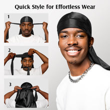 Load image into Gallery viewer, YFONG 100% 22 Momme Mulberry Silk Durags for Men Women, Extra Long Strap Silky Durag, Breathable and Soft Do Rag for 360 Waves, Perfect for Nourishing Your Hair and Fashionable Outfits, 1Pc, Black