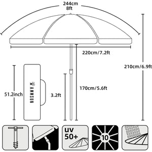 AMMSUN 8 Feet Large Beach Umbrella with Sand Anchor Heavy Duty High Wind Portable Outdoor Umbrellas UPF 50+ Protection Air Vent Tilt Patio Garden Pool Blue