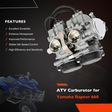 Load image into Gallery viewer, Carburetor Compatible with 2001-2005 Yamaha Raptor 660 660R YFM660 YFM660R ATV Carb with Air Filter Foam&amp;Fuel Valve Petcock Raptor Replace #5LP-14900-00-00 5LP-14900-20-00 5LP-14900-30-00