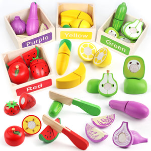 MerryPony 30 Pcs Wooden Play Food Sets for Kids Kitchen Accessories, Velcro Fruit and Veggies for Toddlers, Velcro Fruit Cutting Toys for Kids, Color Sorting Play Food Set, Play Food for Toddlers 1-3