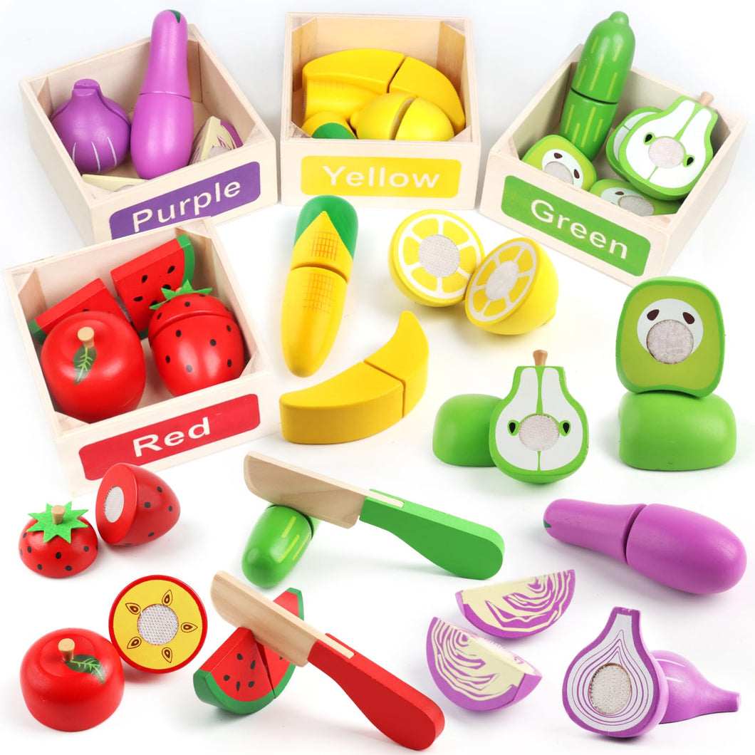 MerryPony 30 Pcs Wooden Play Food Sets for Kids Kitchen Accessories, Velcro Fruit and Veggies for Toddlers, Velcro Fruit Cutting Toys for Kids, Color Sorting Play Food Set, Play Food for Toddlers 1-3