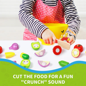 MerryPony 30 Pcs Wooden Play Food Sets for Kids Kitchen Accessories, Velcro Fruit and Veggies for Toddlers, Velcro Fruit Cutting Toys for Kids, Color Sorting Play Food Set, Play Food for Toddlers 1-3