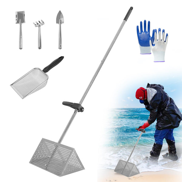 Sand Flea Rake Detachable Long Handle Sand Sifter for Beach Sharp Teeth Wide Basket Sand Fleas Catcher Stainless Steel Sand Crab Catcher for Travelling