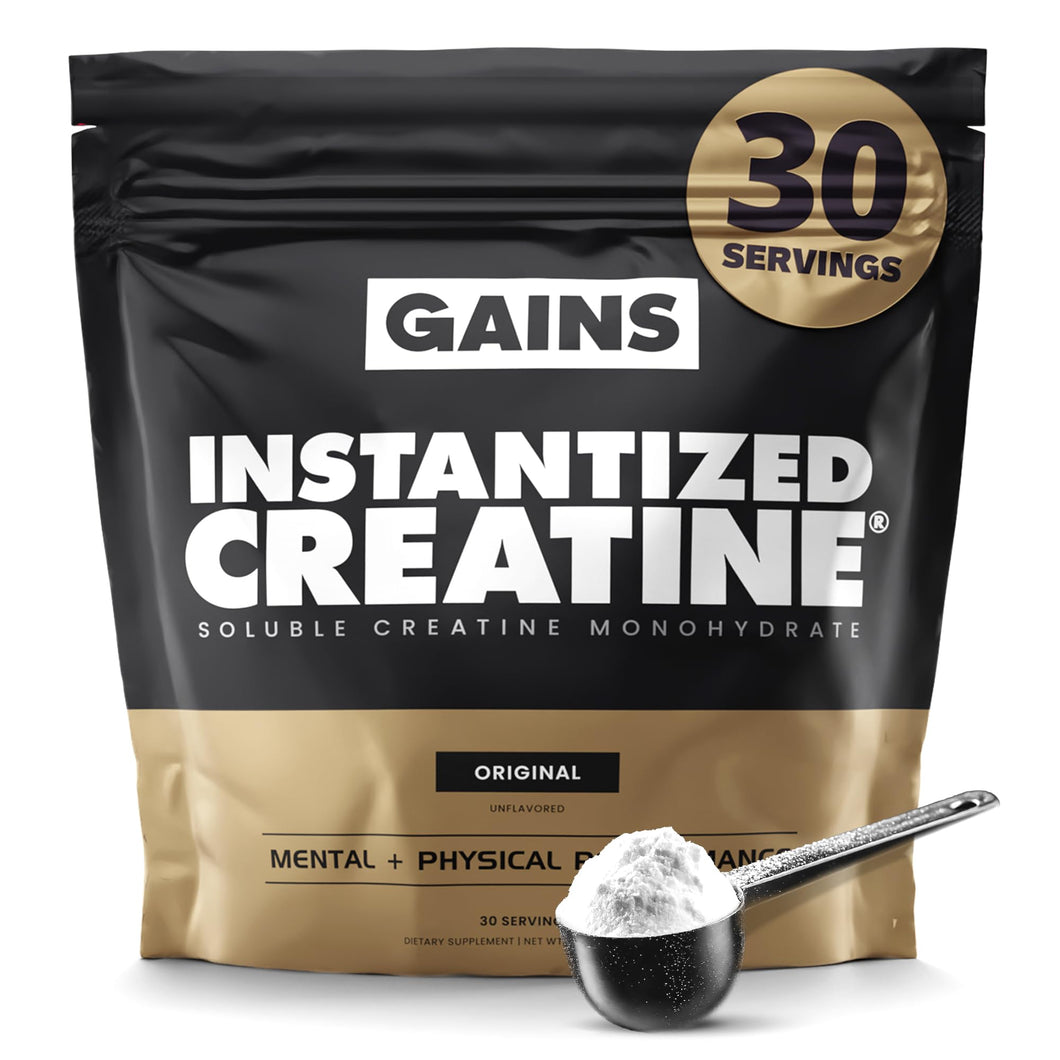 Gains in Bulk Instantized Creatine Monohydrate for Women and Men, Soluble Pre Workout Powder, Supports Muscle Building, Strength and Performance, Bodybuilding Supplements, Unflavored, 30 Servings