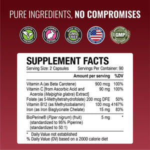 Approved Science Anemiaprin - Absorbable Iron, Vitamin C - Gentle On Stomach - 180 Capsules - 3 Month Supply - Non-GMO, Vegan
