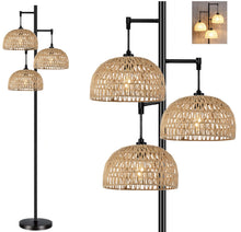Load image into Gallery viewer, QIYIZM Floor Lamp for Living Room,Bedroom,3-Lights Boho Rattan Floor Lamps,Tree Farmhouse Industrial Black Standing Lamp Wicker Rustic Tall Lamp,Woven Bamboo LampShade Floor Light Bohemian