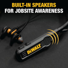 Load image into Gallery viewer, DEWALT Heavy Duty Black Edition 2-in-1 Neckband Bluetooth Headphones w/Built-in Speakers, Jobsite Wearable Speaker &amp; Around Neck, Wireless Headset, 60+ Hrs Hands-Free Music &amp; Calls, Carry Pouch