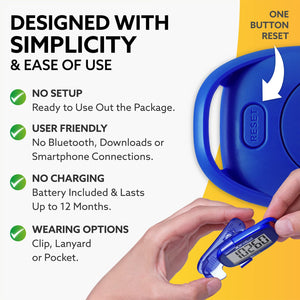 3DFitBud Simple Step Counter Walking 3D Pedometer from 3DActive with Clip & Lanyard - A420S - Royal Blue