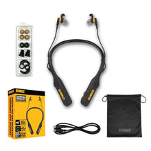 Load image into Gallery viewer, DEWALT Heavy Duty Black Edition 2-in-1 Neckband Bluetooth Headphones w/Built-in Speakers, Jobsite Wearable Speaker &amp; Around Neck, Wireless Headset, 60+ Hrs Hands-Free Music &amp; Calls, Carry Pouch