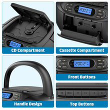 Load image into Gallery viewer, CD Cassette Player Combo, Hernpark Rechargeable Boombox with Bluetooth 5.1, Tape Recording, FM Radio, Super Bass, Stereo Sound, Aux/USB Drive, Headphones Jack, Boom Box for Indoor Outdoor