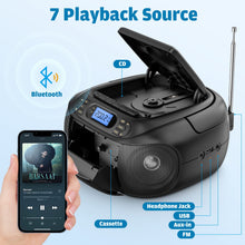 Load image into Gallery viewer, CD Cassette Player Combo, Hernpark Rechargeable Boombox with Bluetooth 5.1, Tape Recording, FM Radio, Super Bass, Stereo Sound, Aux/USB Drive, Headphones Jack, Boom Box for Indoor Outdoor
