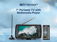 Load image into Gallery viewer, Emerson ET-7000 7&quot; Portable Handheld Digital TV with Built-in Rechargeable Battery, HD Display, Multimedia Playback, USB/SD Card Support, and AC/DC Adapter | Compact TV for Home or Travel