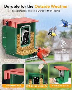 Metal Smart Bird Feeder with Camera – Solar Powered, AI Bird Identification & 2.5K HD Auto Capture Videos, Arrival Notifications, 2.1L Capacity & 100% Durable Design