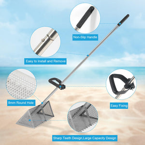 Sand Flea Rake Detachable Long Handle Sand Sifter for Beach Sharp Teeth Wide Basket Sand Fleas Catcher Stainless Steel Sand Crab Catcher for Travelling