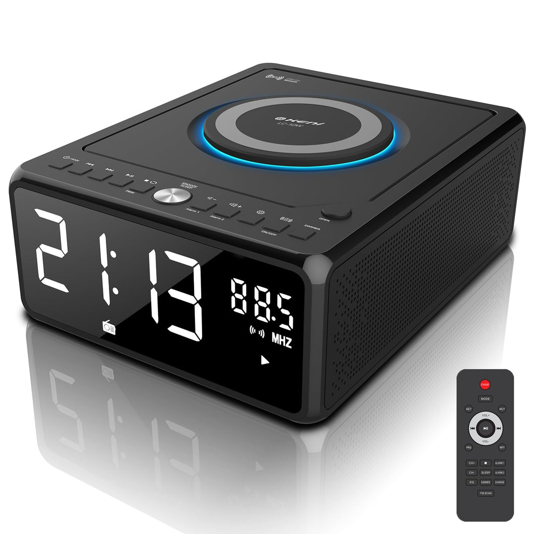 Gelielim CD Player Alarm Clock Radio Boombox with Remote, Bluetooth CD Players for Home, 10W Fast Wireless Charging,FM Radio CD Player, Support AUX/USB/Timer/Dimmer/Auto Time Setting, Large LCD