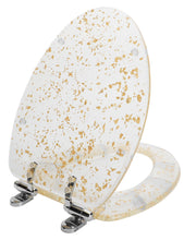 Load image into Gallery viewer, Gold Resin Toilet Seat Elongated with Easy Clean &amp; Change Hinges, Soft Close Quick Release Heavy Duty Toilet Seats with Glitter Cover Acrylic Seats (Elongated 19Inch, Gold Foil, Upgraded hinge)
