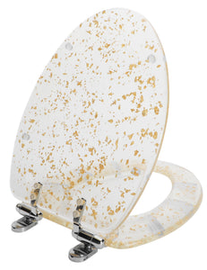 Gold Resin Toilet Seat Elongated with Easy Clean & Change Hinges, Soft Close Quick Release Heavy Duty Toilet Seats with Glitter Cover Acrylic Seats (Elongated 19Inch, Gold Foil, Upgraded hinge)