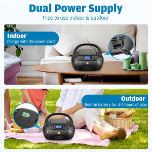 CD Cassette Player Combo, Hernpark Rechargeable Boombox with Bluetooth 5.1, Tape Recording, FM Radio, Super Bass, Stereo Sound, Aux/USB Drive, Headphones Jack, Boom Box for Indoor Outdoor