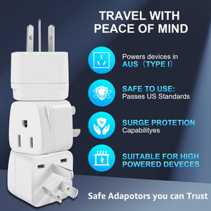 2 Pack US to Argentina Australia China Travel Plug Adapter, Type I 3 Pin Grounded Wall Plug Wall Outlet Power Adapter for Argentina Australian,New Zealandand More (Type I - White)