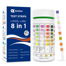 Load image into Gallery viewer, PoolTest strips 8-in-1 kit with 100 hot tub strips for above ground pools, spas and salt water minder - Tests pH, chlorine, bromine, alkalinity, hardness, cyanuric acid, salt